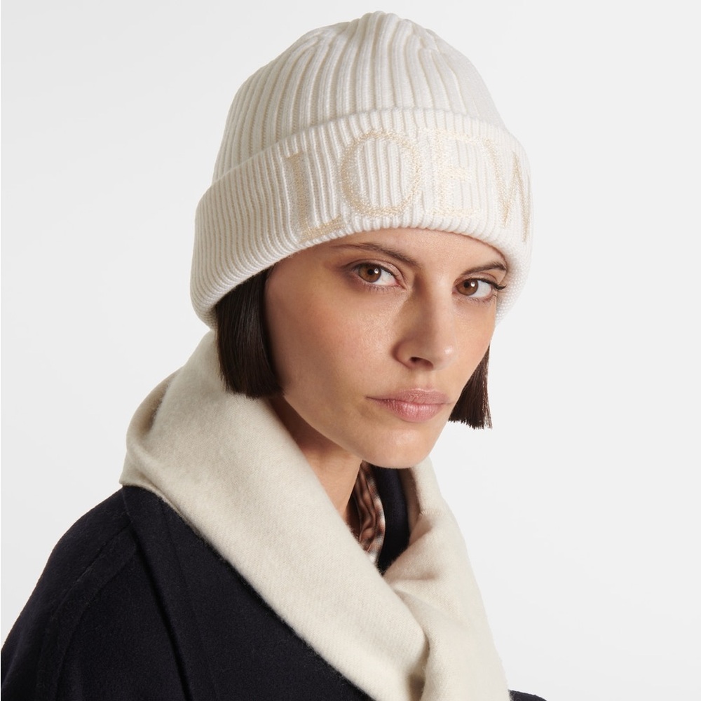 Loewe Cream White Logo Beanie in Wool